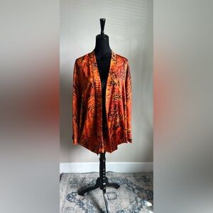 Women’s Cut 100% Silk Vibrant Orange Abstract Print Kimono Jacket Size One Size